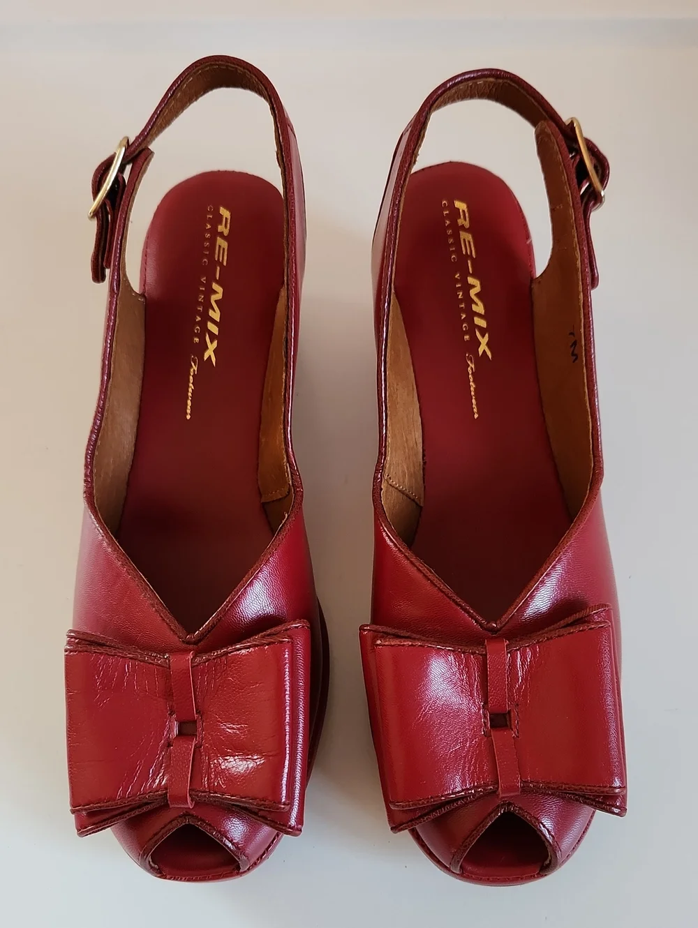 Re-mix Classic Vintage Gloria Red Leather Slingback Wedge  Heels with Bow Size 7